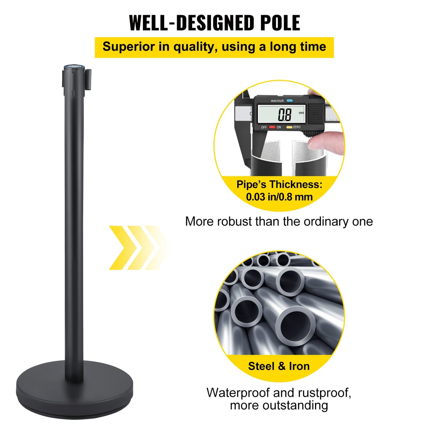 Crowd Control Stång, Set med 6 delar Stångsats, Stångsats med 6,6 fot/2 m svart infällbart bälte, svart Crowd Control Barriär med betong och metallbas – Easy Connect Montering