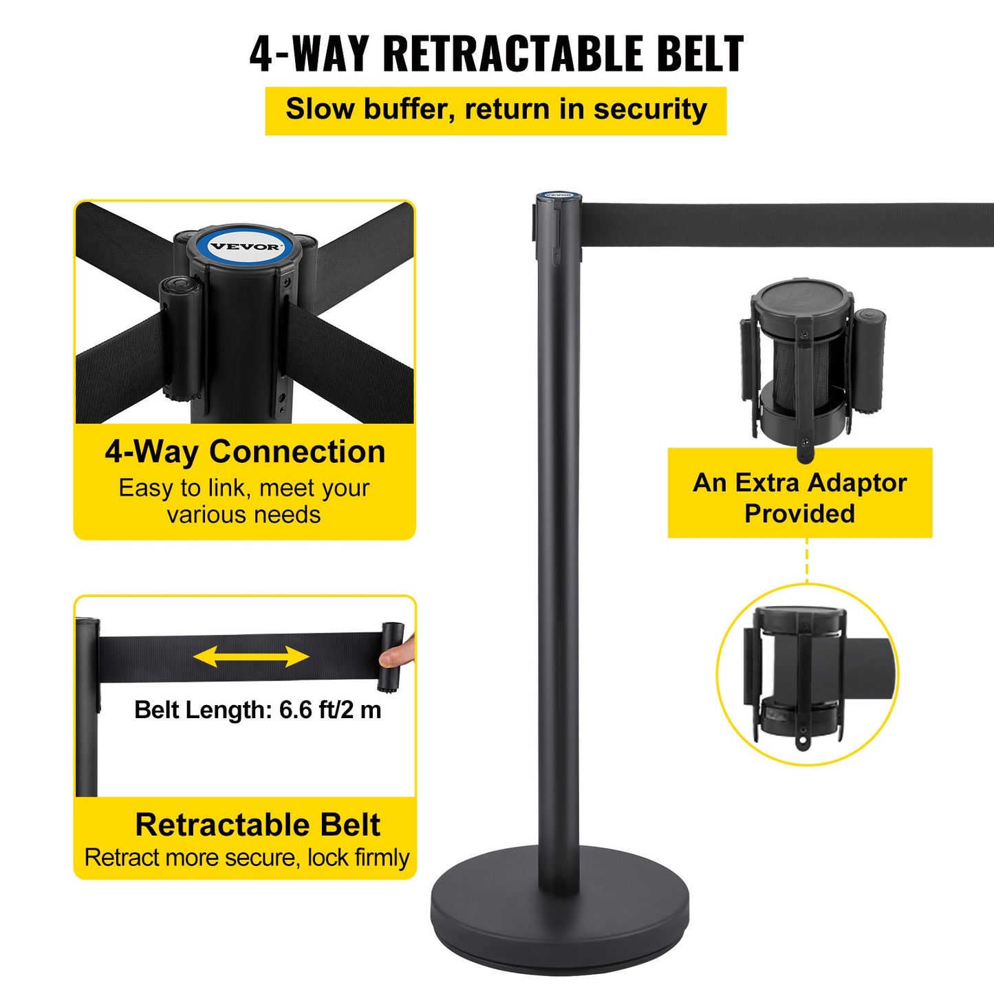 Crowd Control Stång, Set med 6 delar Stångsats, Stångsats med 6,6 fot/2 m svart infällbart bälte, svart Crowd Control Barriär med betong och metallbas – Easy Connect Montering