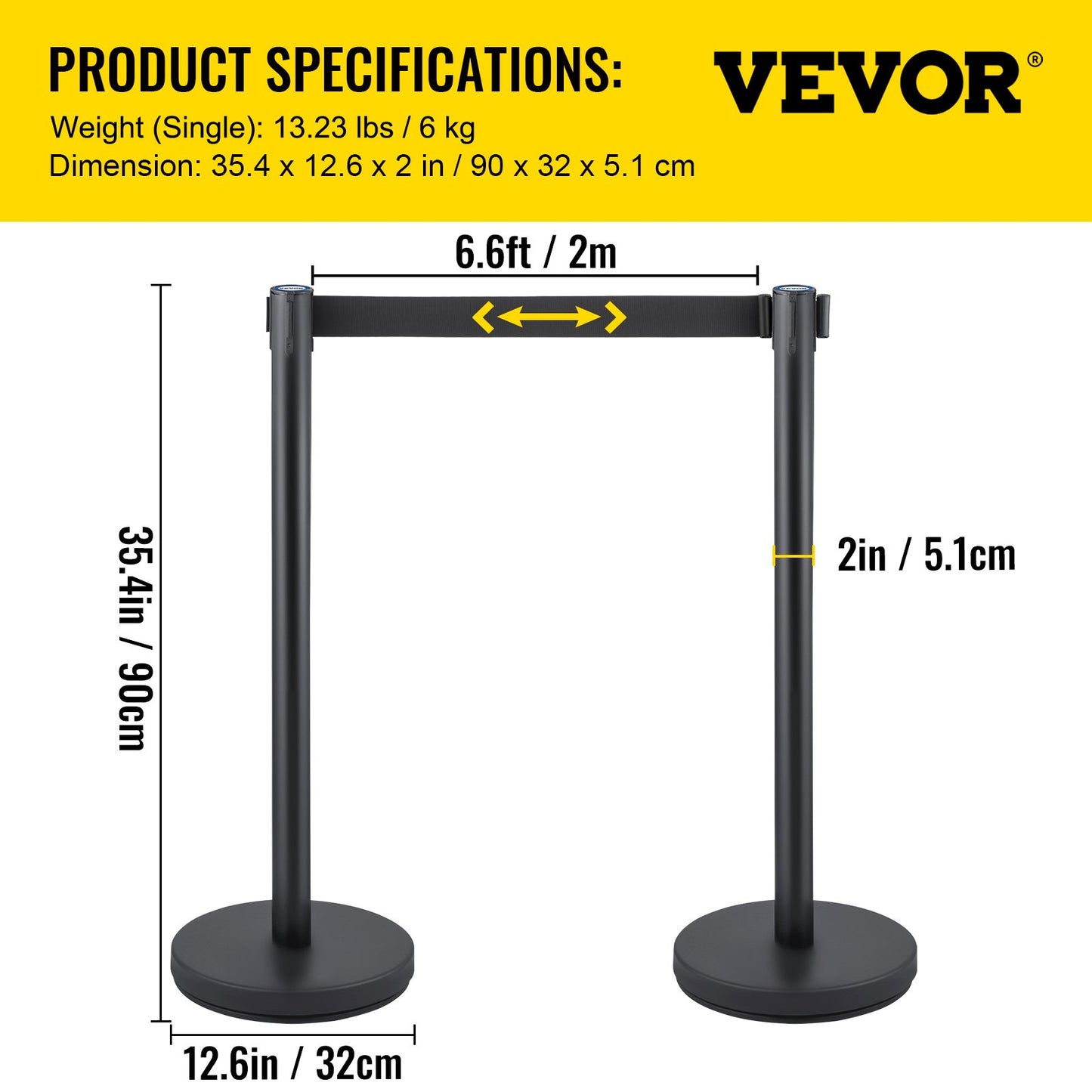 Crowd Control Stång, Set med 6 delar Stångsats, Stångsats med 6,6 fot/2 m svart infällbart bälte, svart Crowd Control Barriär med betong och metallbas – Easy Connect Montering