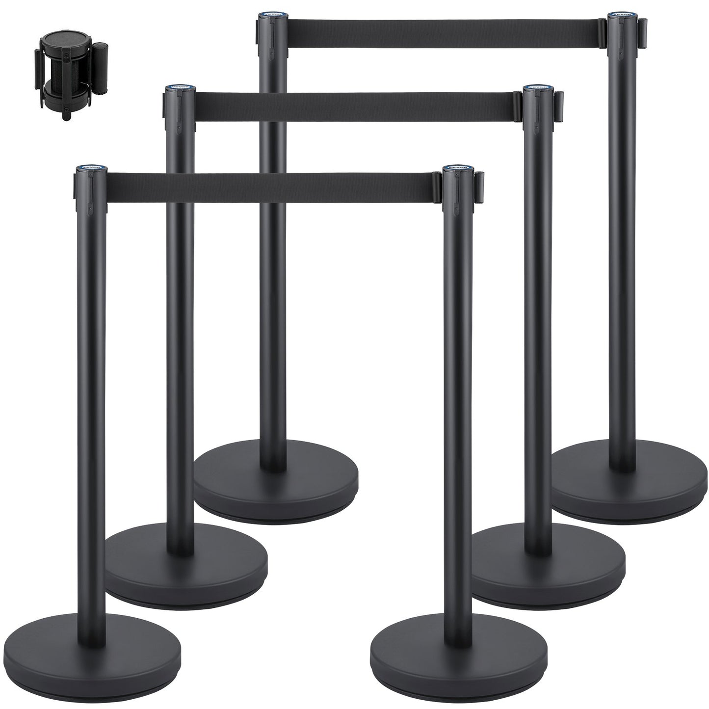 Crowd Control Stång, Set med 6 delar Stångsats, Stångsats med 6,6 fot/2 m svart infällbart bälte, svart Crowd Control Barriär med betong och metallbas – Easy Connect Montering