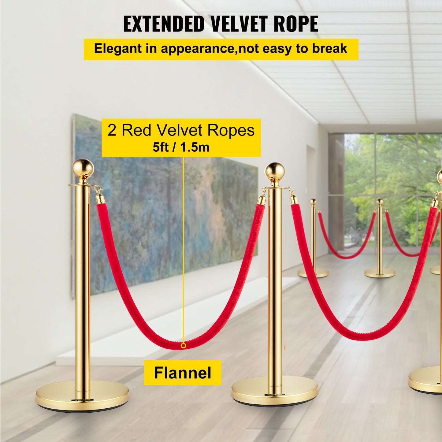 Set med 2 Guld Round Top Queue Control Barriärstolpar Stativ Säkerhetsstativ repavdelare med 1,5 M rött rep Crowd Control Barriär Guld Round top Column