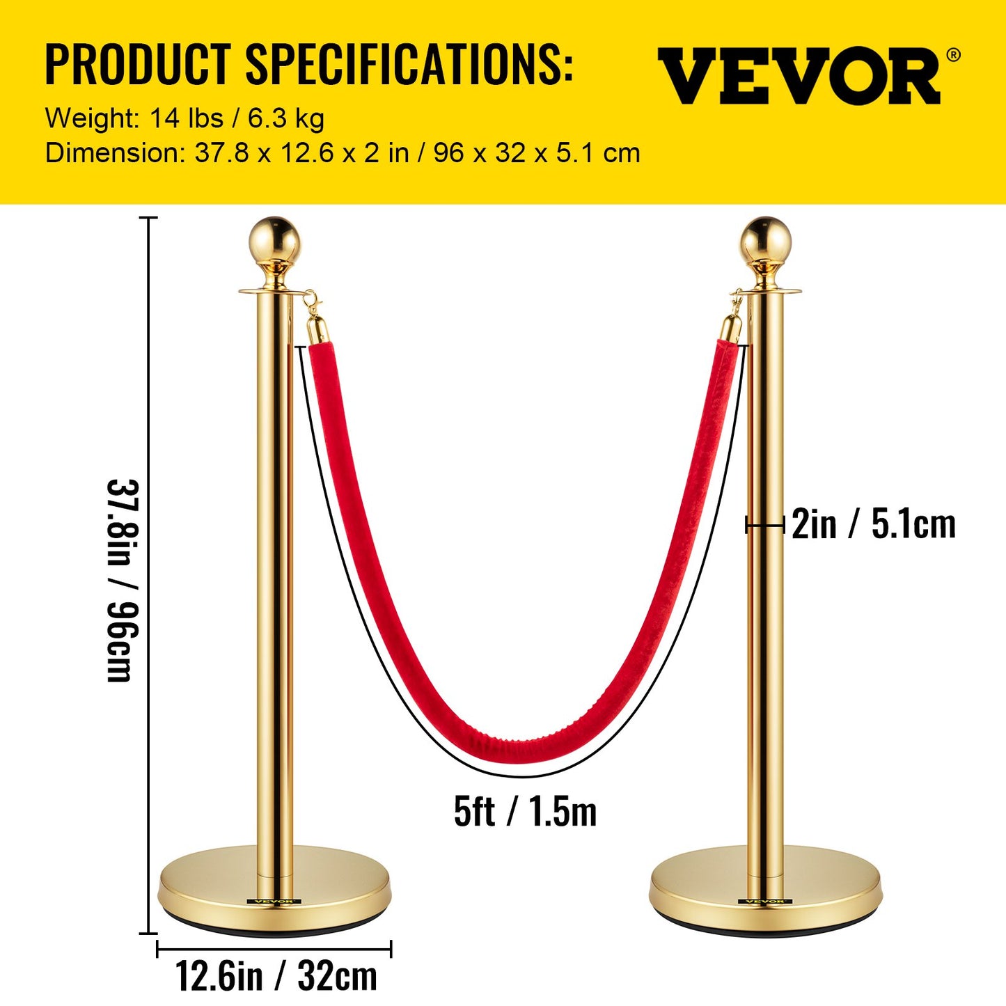 Set med 2 Guld Round Top Queue Control Barriärstolpar Stativ Säkerhetsstativ repavdelare med 1,5 M rött rep Crowd Control Barriär Guld Round top Column
