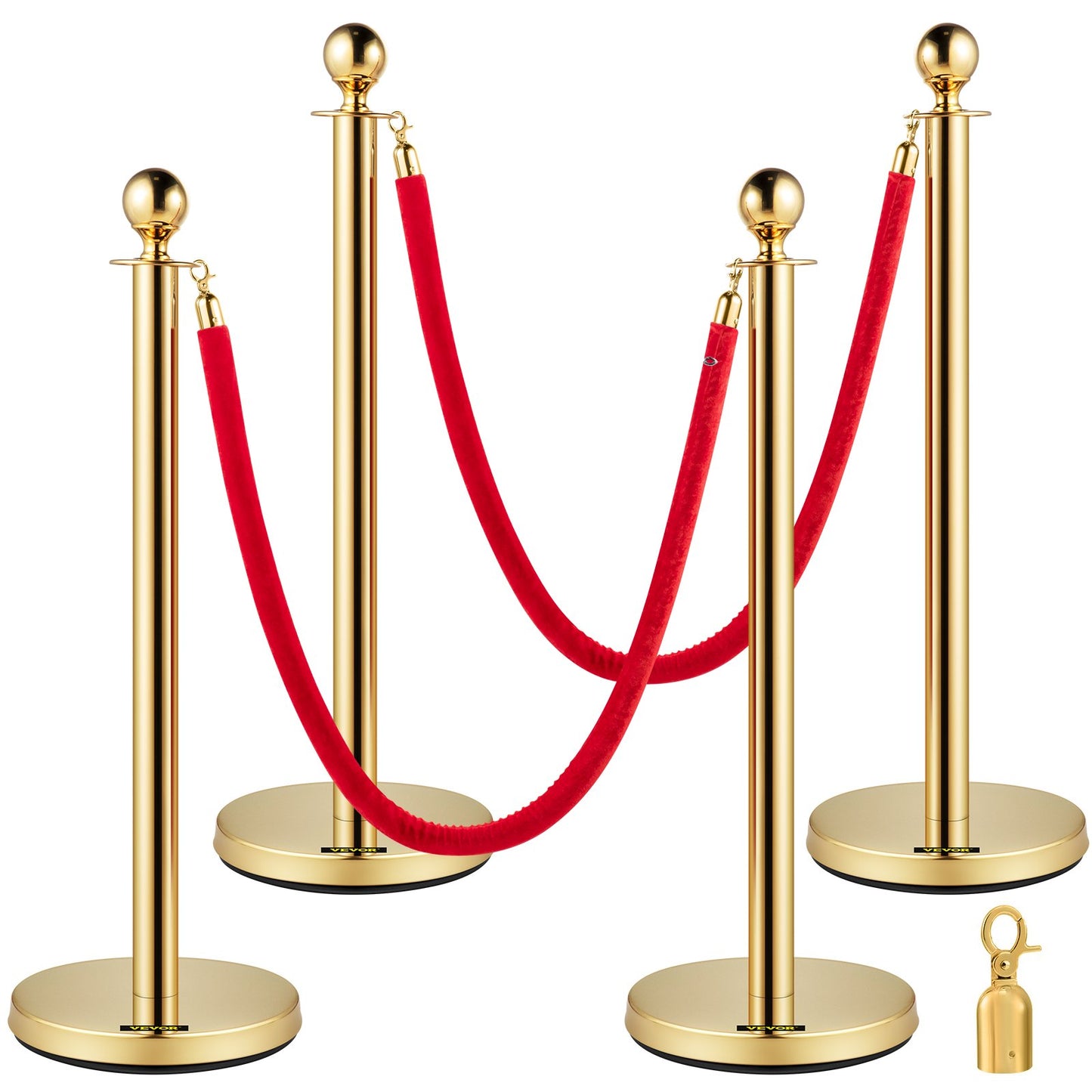 Set med 2 Guld Round Top Queue Control Barriärstolpar Stativ Säkerhetsstativ repavdelare med 1,5 M rött rep Crowd Control Barriär Guld Round top Column
