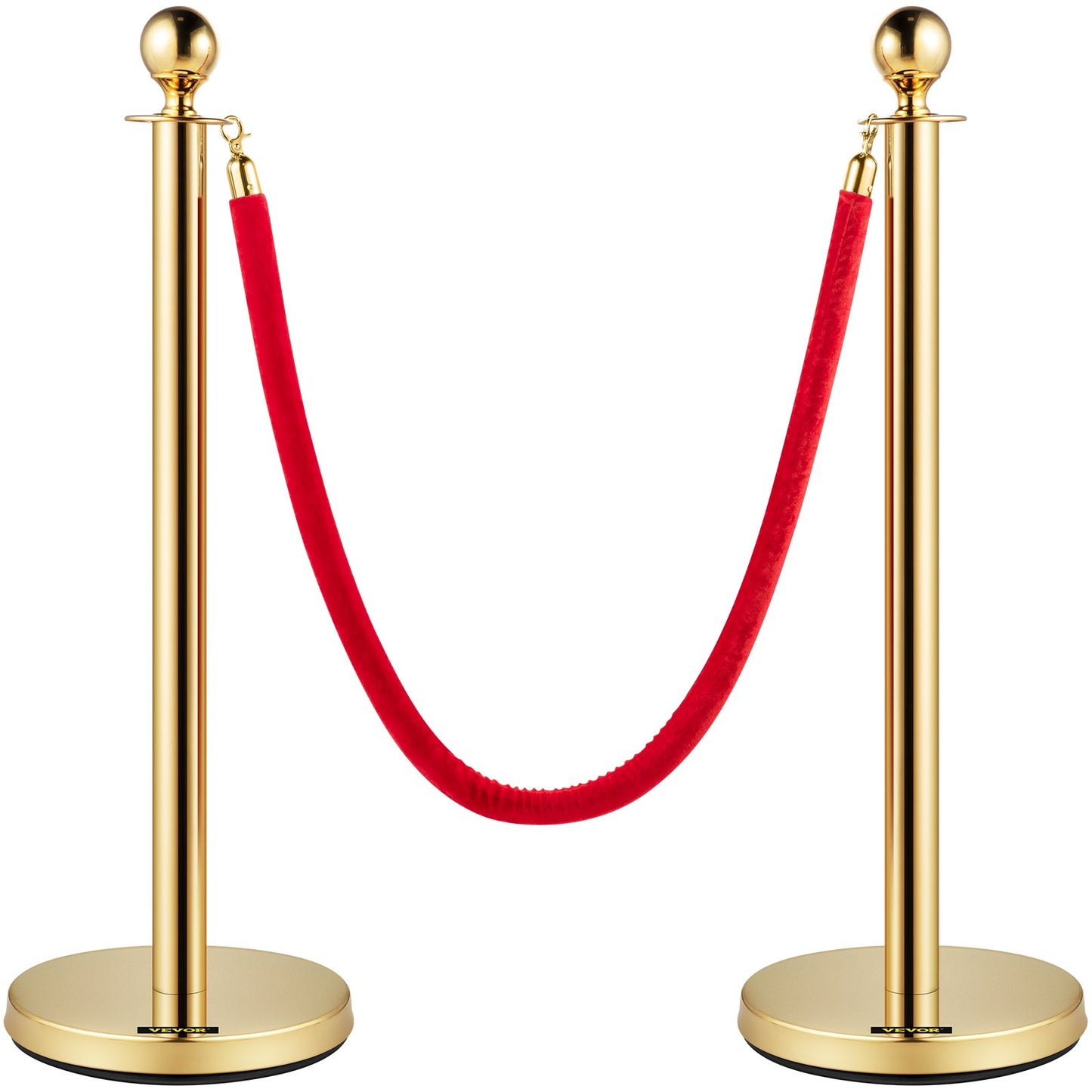 Set med 2 Guld Round Top Queue Control Barriärstolpar Stativ Säkerhetsstativ repavdelare med 1,5 M rött rep Crowd Control Barriär Guld Round top Column