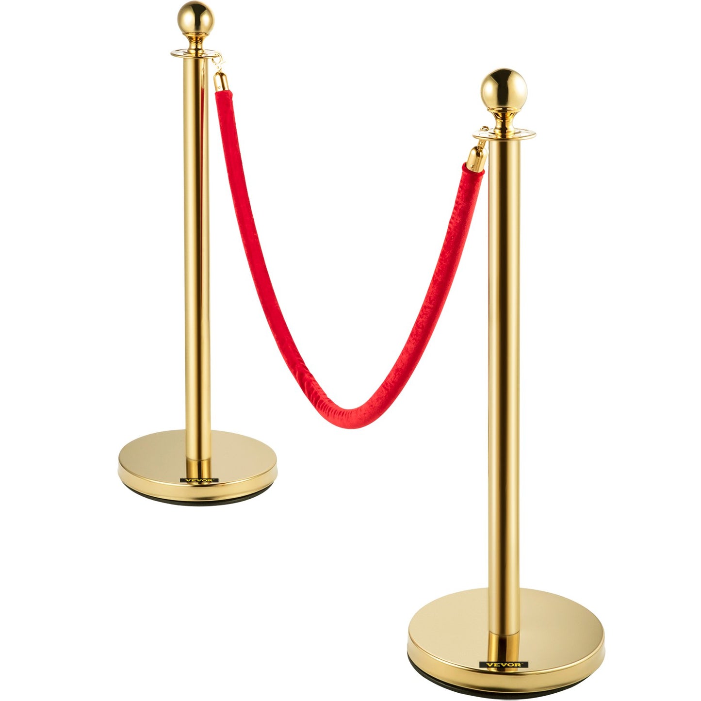 Set med 2 Guld Round Top Queue Control Barriärstolpar Stativ Säkerhetsstativ repavdelare med 1,5 M rött rep Crowd Control Barriär Guld Round top Column