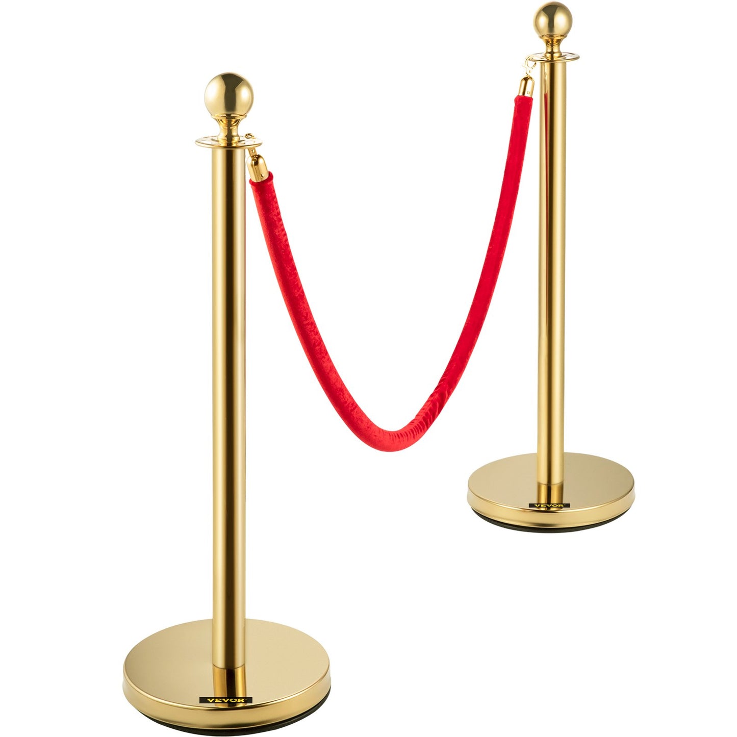 Set med 2 Guld Round Top Queue Control Barriärstolpar Stativ Säkerhetsstativ repavdelare med 1,5 M rött rep Crowd Control Barriär Guld Round top Column