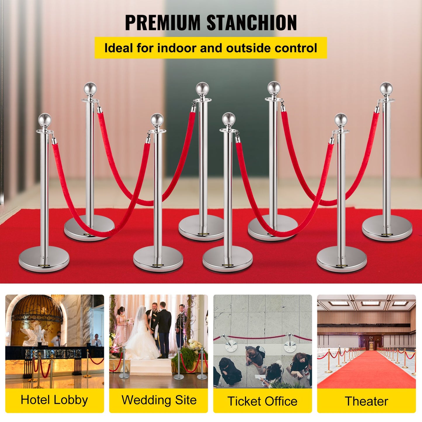 Crowd Control Stång, Set med 8 delar Stång Set, Stång Set med 5 fot/1,5 m rött sammetsrep, Silver Crowd Control Barriär med robust betong och metallbas – Easy Connect Montering