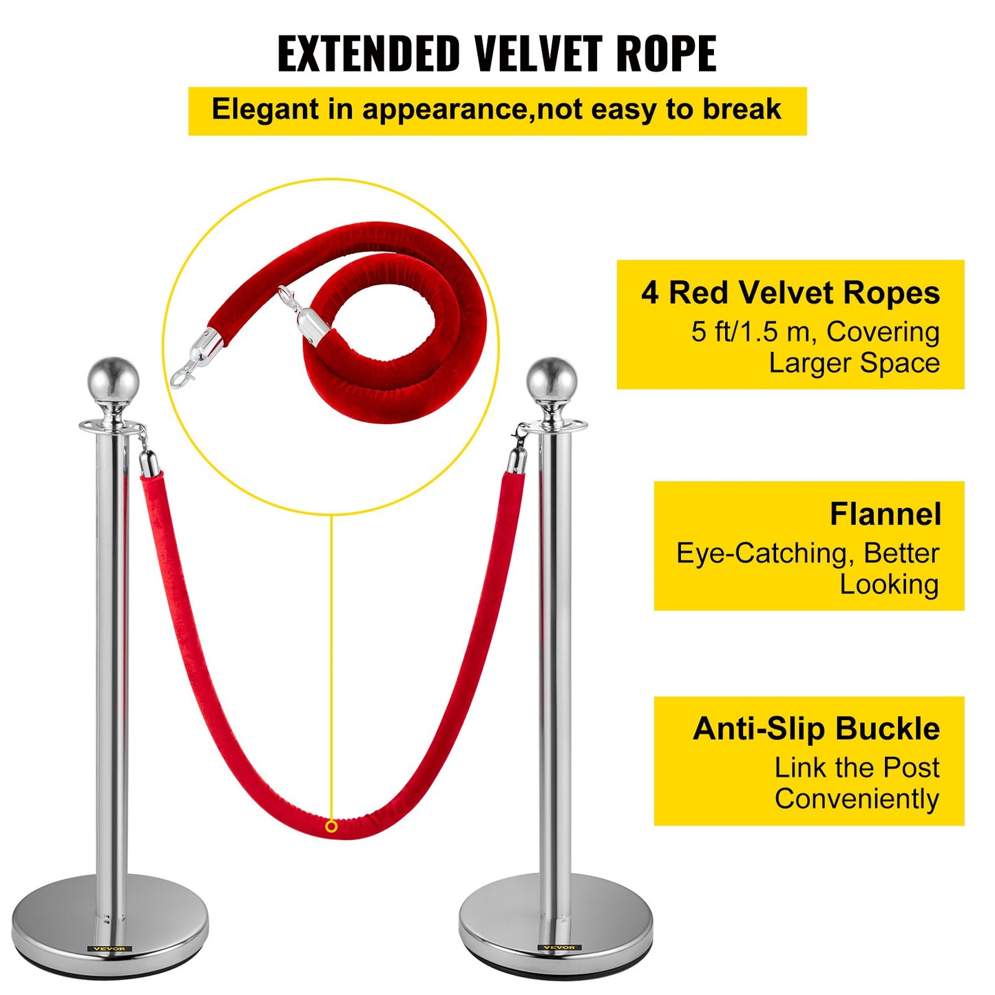 Crowd Control Stång, Set med 8 delar Stång Set, Stång Set med 5 fot/1,5 m rött sammetsrep, Silver Crowd Control Barriär med robust betong och metallbas – Easy Connect Montering