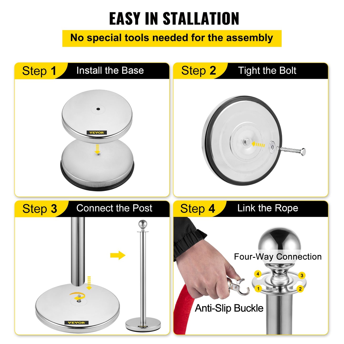 Crowd Control Stång, Set med 8 delar Stång Set, Stång Set med 5 fot/1,5 m rött sammetsrep, Silver Crowd Control Barriär med robust betong och metallbas – Easy Connect Montering