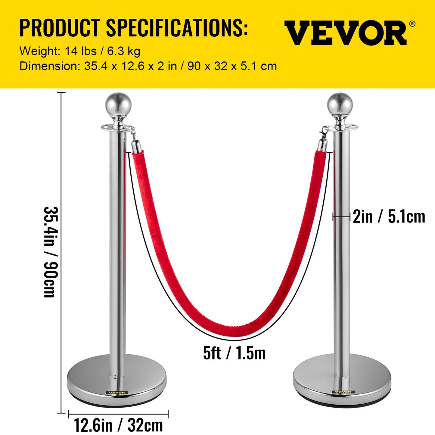 Crowd Control Stång, Set med 8 delar Stång Set, Stång Set med 5 fot/1,5 m rött sammetsrep, Silver Crowd Control Barriär med robust betong och metallbas – Easy Connect Montering