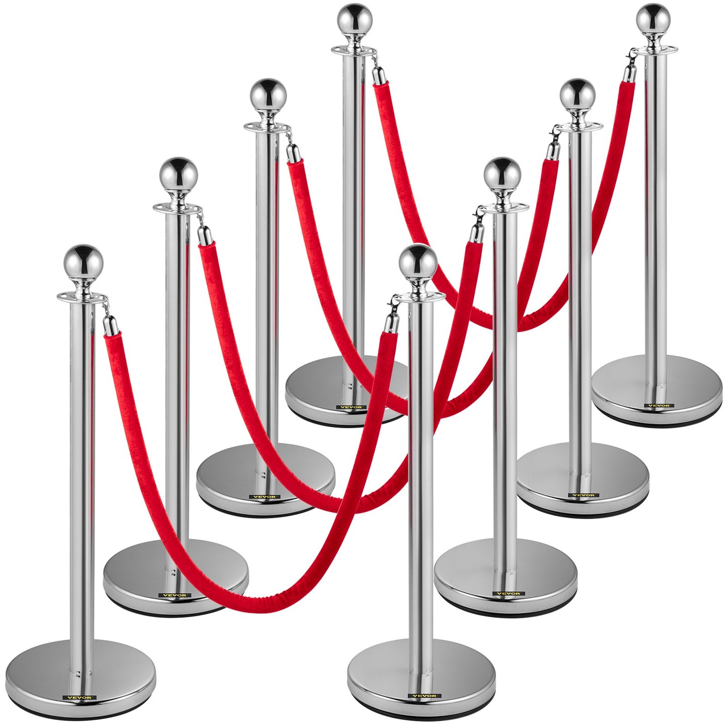 Crowd Control Stång, Set med 8 delar Stång Set, Stång Set med 5 fot/1,5 m rött sammetsrep, Silver Crowd Control Barriär med robust betong och metallbas – Easy Connect Montering