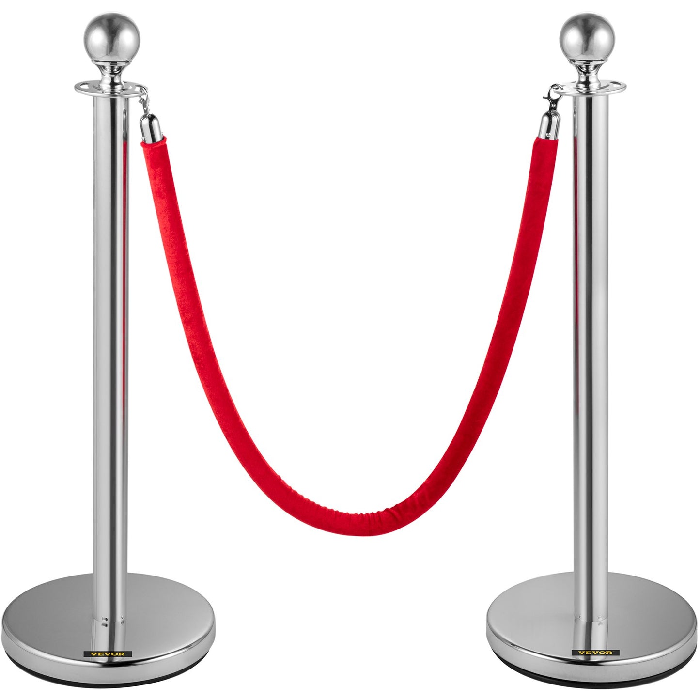 Crowd Control Stång, Set med 8 delar Stång Set, Stång Set med 5 fot/1,5 m rött sammetsrep, Silver Crowd Control Barriär med robust betong och metallbas – Easy Connect Montering