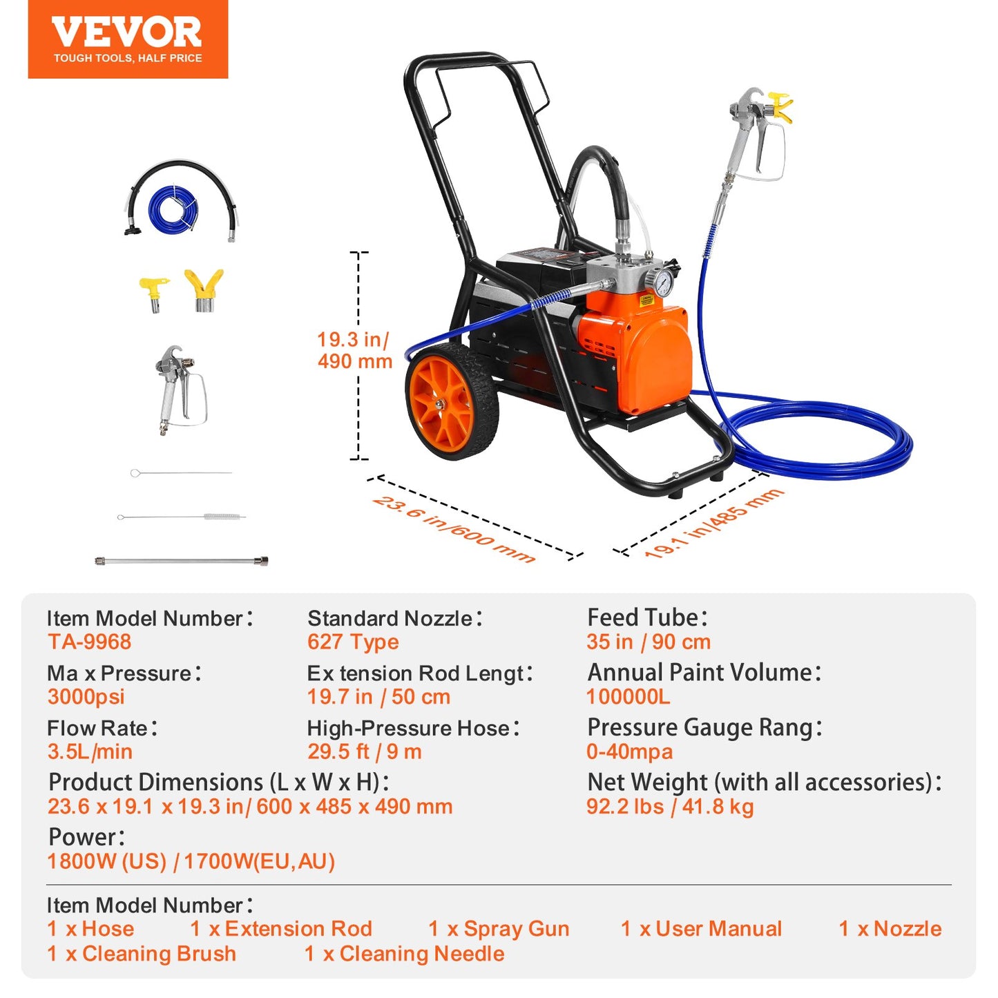 Cart Airless Paint Sprayer Membran Paint Airless Sprayer 1700W Elektrisk