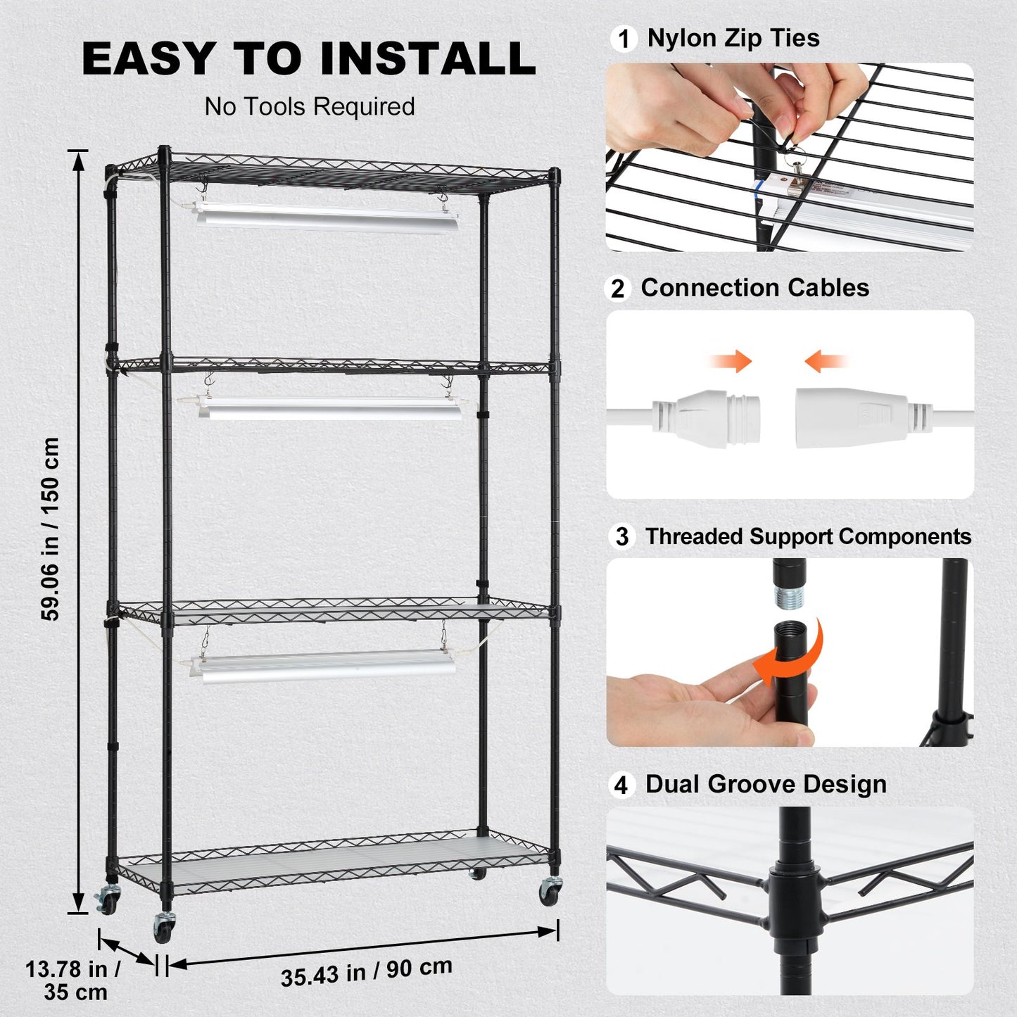 Plant Stand with Grow Lights 4 Tiers 90W 59" Tall Plant Grow Shelf