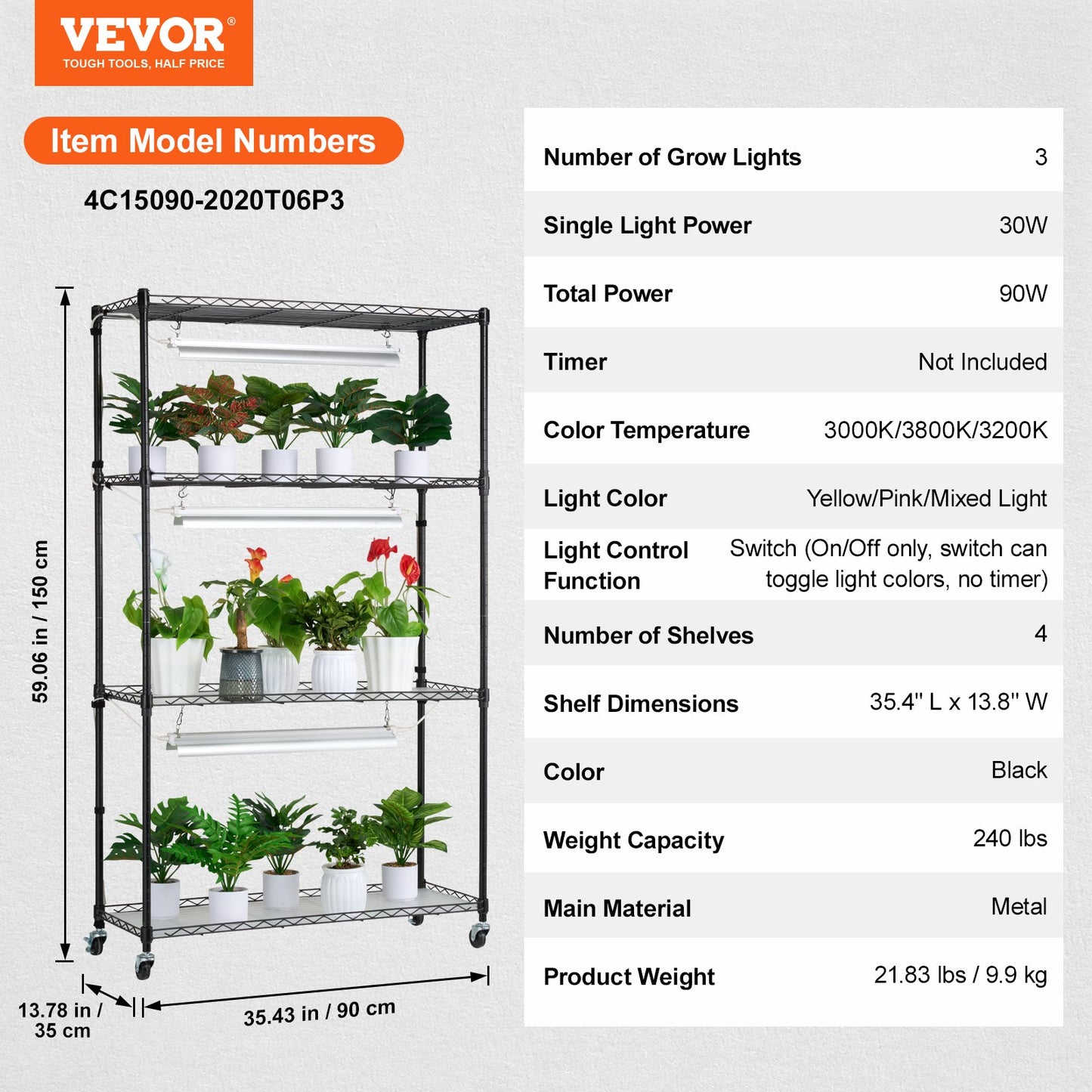 Plant Stand with Grow Lights 4 Tiers 90W 59" Tall Plant Grow Shelf