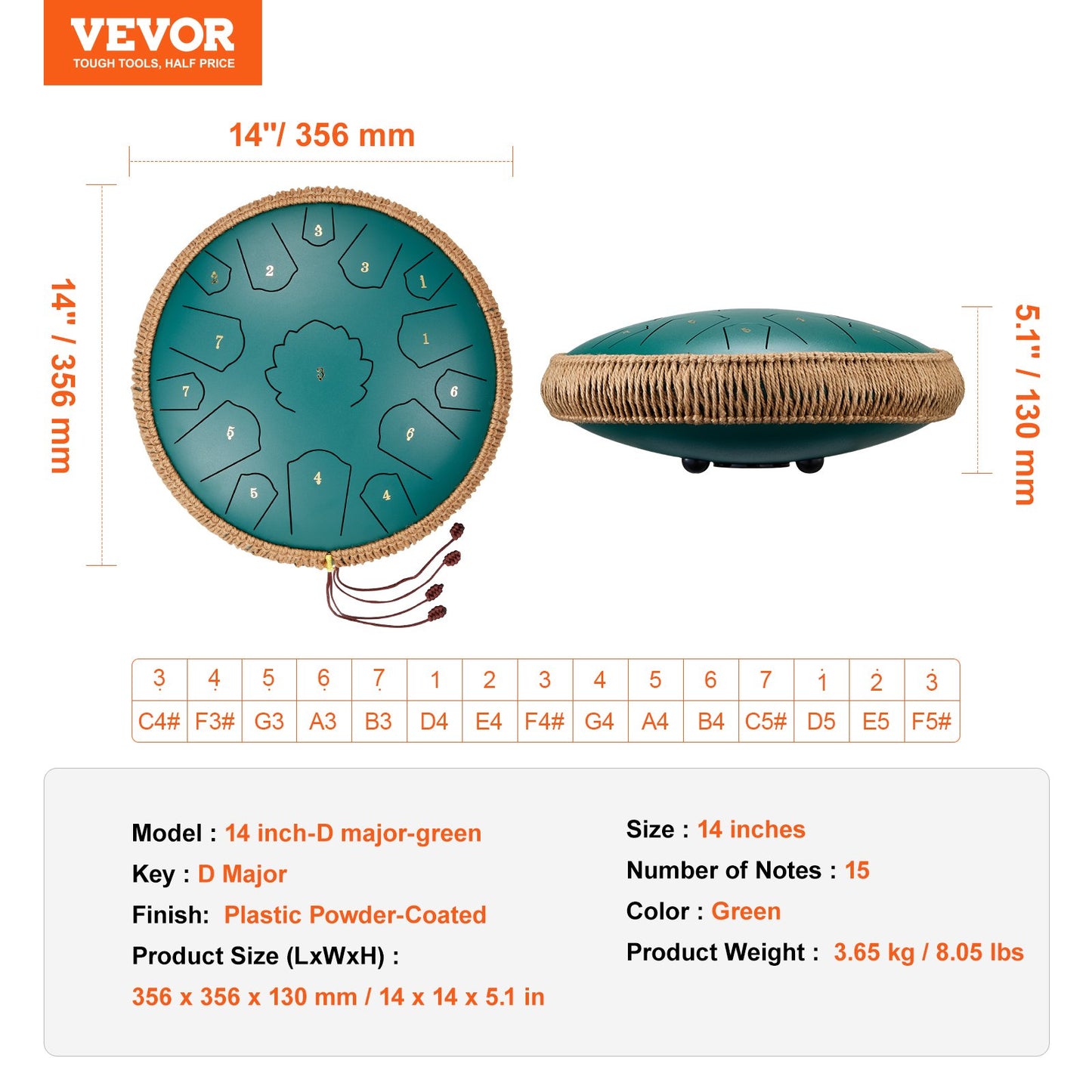 Steel Tongue Drum 14 in 15 Notes Regntrumma för Outside D Major Green