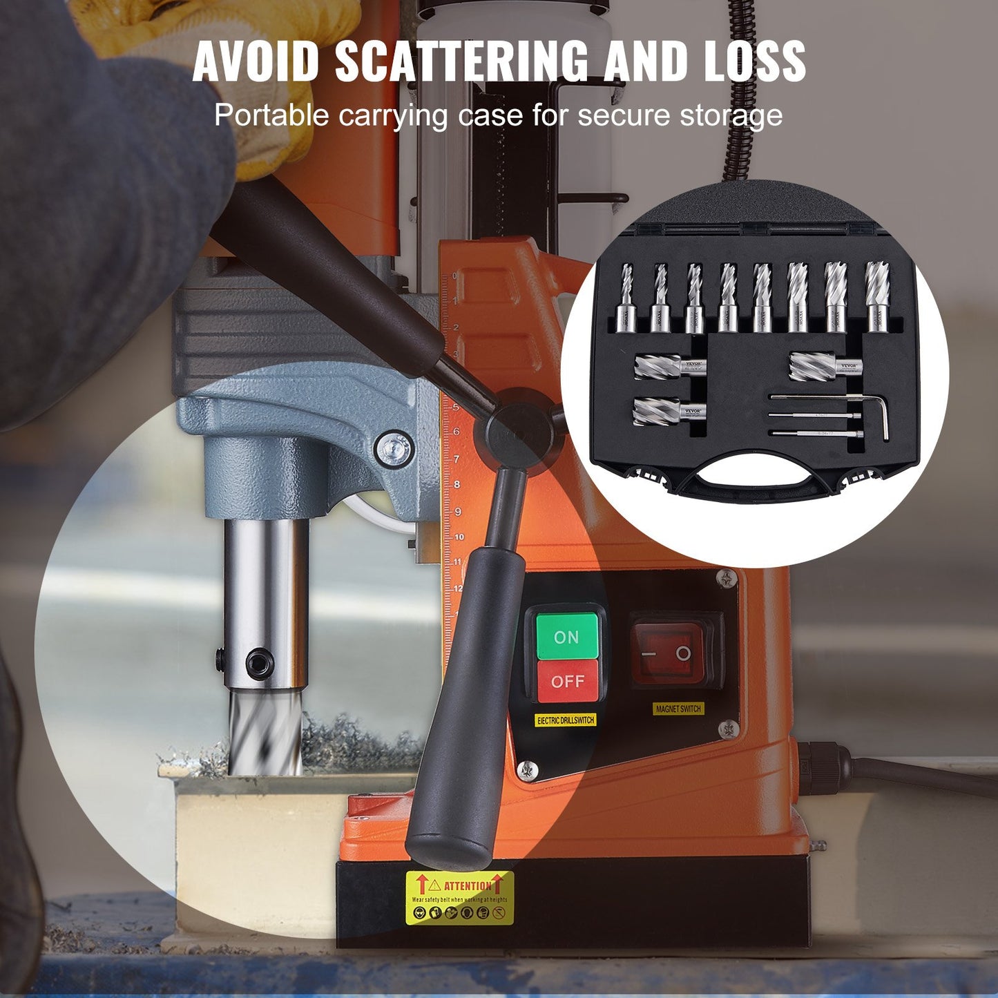 Annular Cutter Set, 13 Piece Weldon Shank Mag Drill Bits, 1" Depth of Cut, 7/16" to 1-1/16" Cutting Diameter, M2AL HSS, 2 Pilot Pins, Hex Key and Portable Case, for Use with Magnetic Drills
