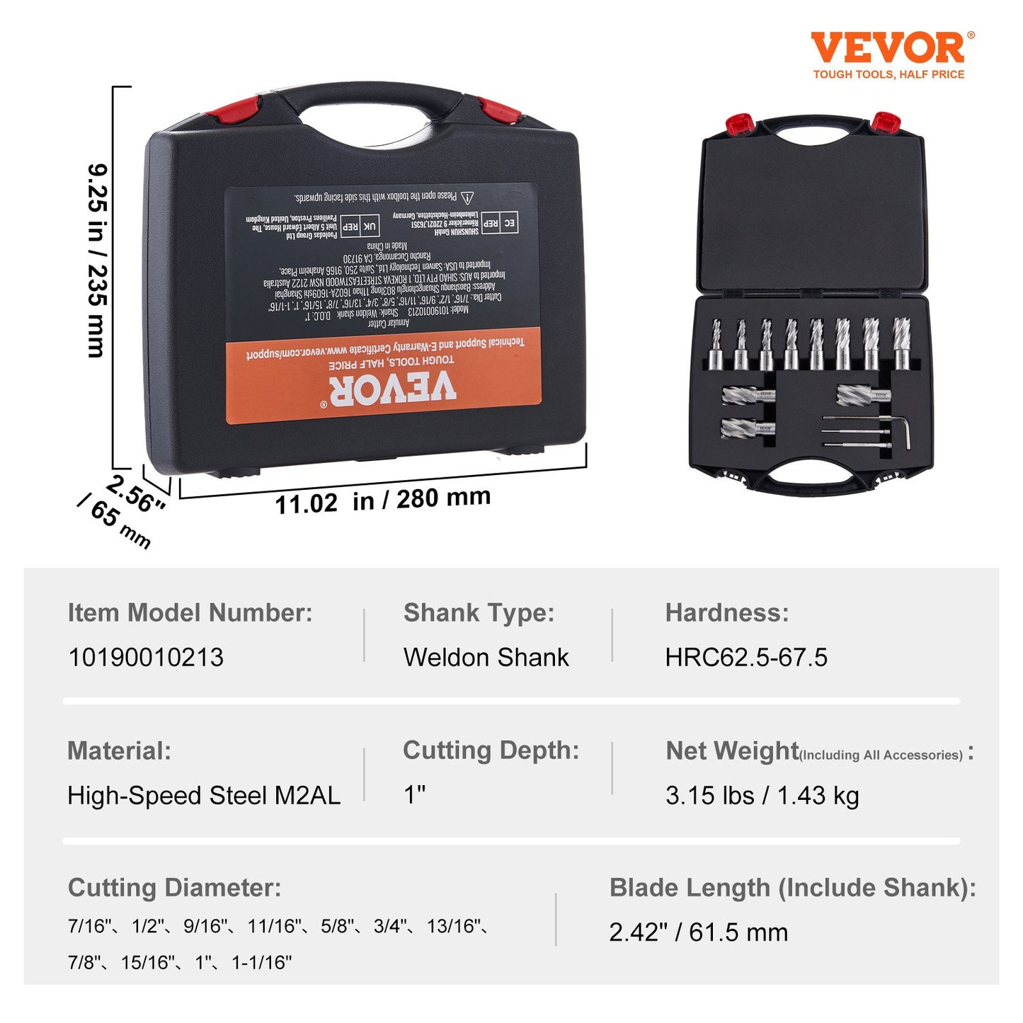 Annular Cutter Set, 13 Piece Weldon Shank Mag Drill Bits, 1" Depth of Cut, 7/16" to 1-1/16" Cutting Diameter, M2AL HSS, 2 Pilot Pins, Hex Key and Portable Case, for Use with Magnetic Drills