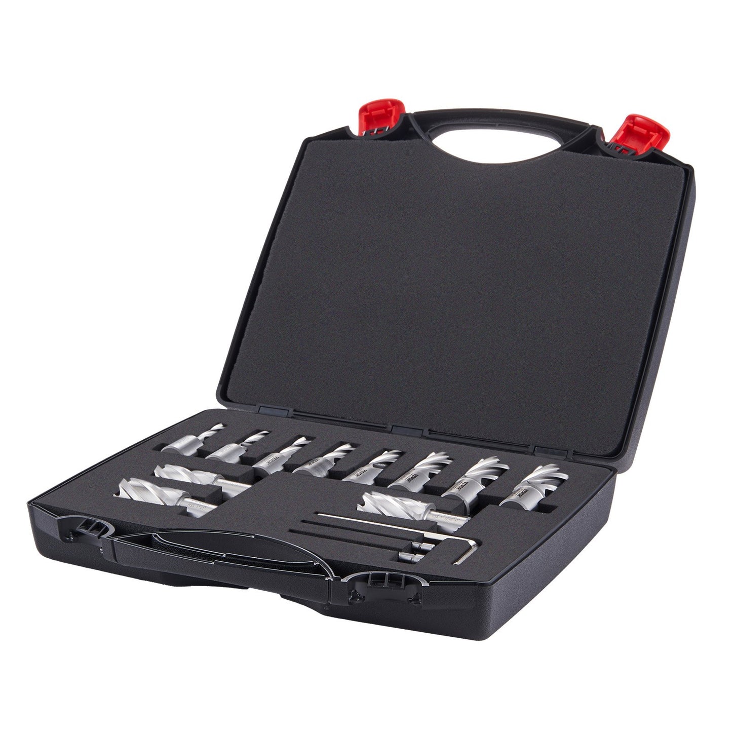 Annular Cutter Set, 13 Piece Weldon Shank Mag Drill Bits, 1" Depth of Cut, 7/16" to 1-1/16" Cutting Diameter, M2AL HSS, 2 Pilot Pins, Hex Key and Portable Case, for Use with Magnetic Drills