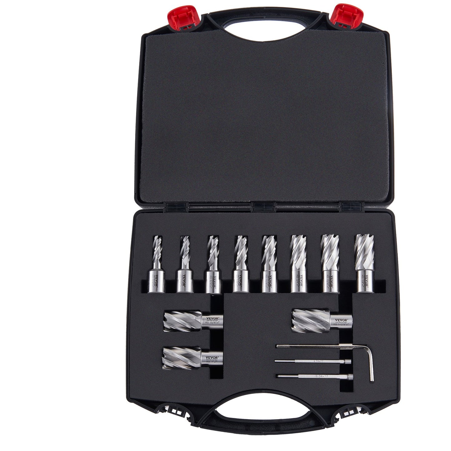 Annular Cutter Set, 13 Piece Weldon Shank Mag Drill Bits, 1" Depth of Cut, 7/16" to 1-1/16" Cutting Diameter, M2AL HSS, 2 Pilot Pins, Hex Key and Portable Case, for Use with Magnetic Drills