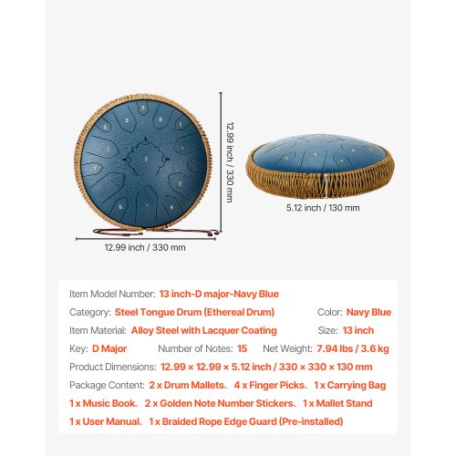 ståltungtrumma, 33 cm 15-noters regntrumma för utomhusträdgård, C-dur musiktrummor med notbok och klubbor, slagverksinstrument för meditation, yoga, nybörjare, musikalisk utbildning, marinblå |  EU