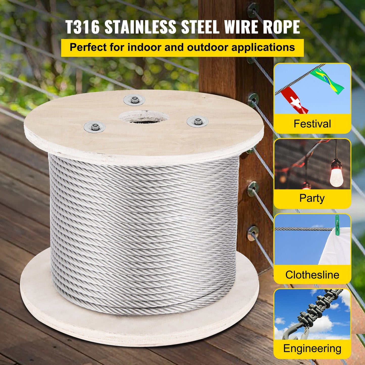 316 Stainless Steel Cable, 500 FT Stainless Steel Wire Rope with 5/32 Inch Diameter and 1x19 Construction, 3300 LBS Breaking Strength Steel Cable for Outdoor Railing DIY Balustrade