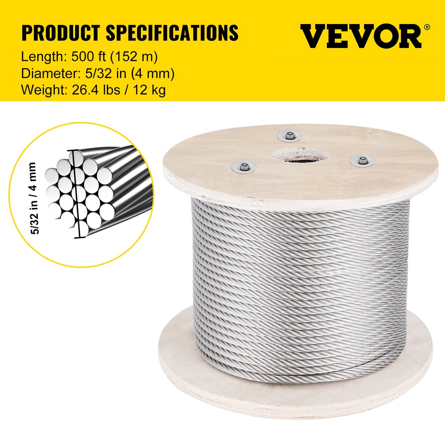 316 Stainless Steel Cable, 500 FT Stainless Steel Wire Rope with 5/32 Inch Diameter and 1x19 Construction, 3300 LBS Breaking Strength Steel Cable for Outdoor Railing DIY Balustrade