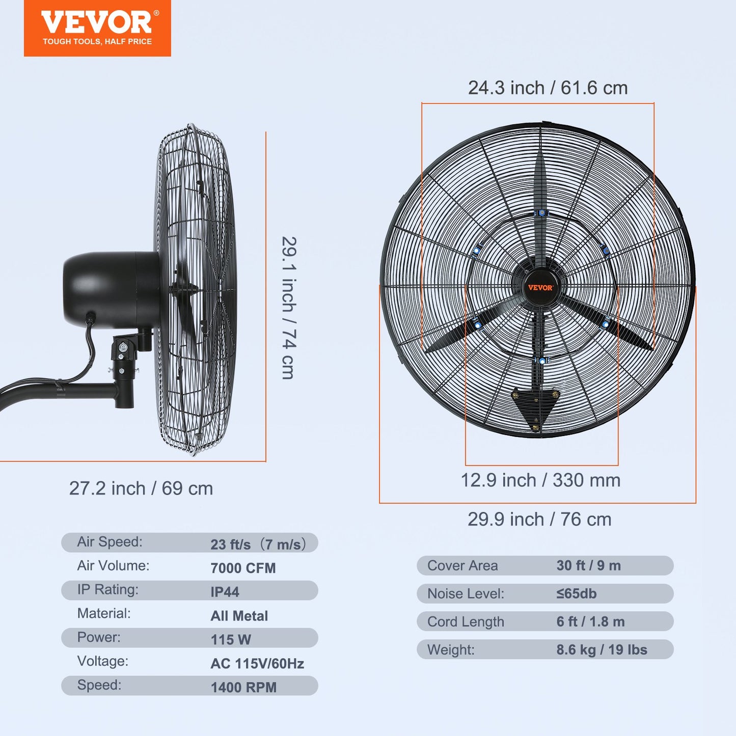 24" Oscillerande väggdimfläkt metall 3 hastigheter 115W