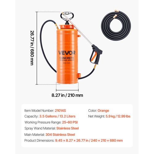 Industriell Betongspruta, 14L Rostfri Spruta, Kraftiga Tri-Poxy Pumpsprutor, 52cm Skaft med Ergonomiskt Sprutpistolhandtag, 1,2m & 3m Slangar, 2 Mässingsmunstycken för Bygg, Trädgård | EU