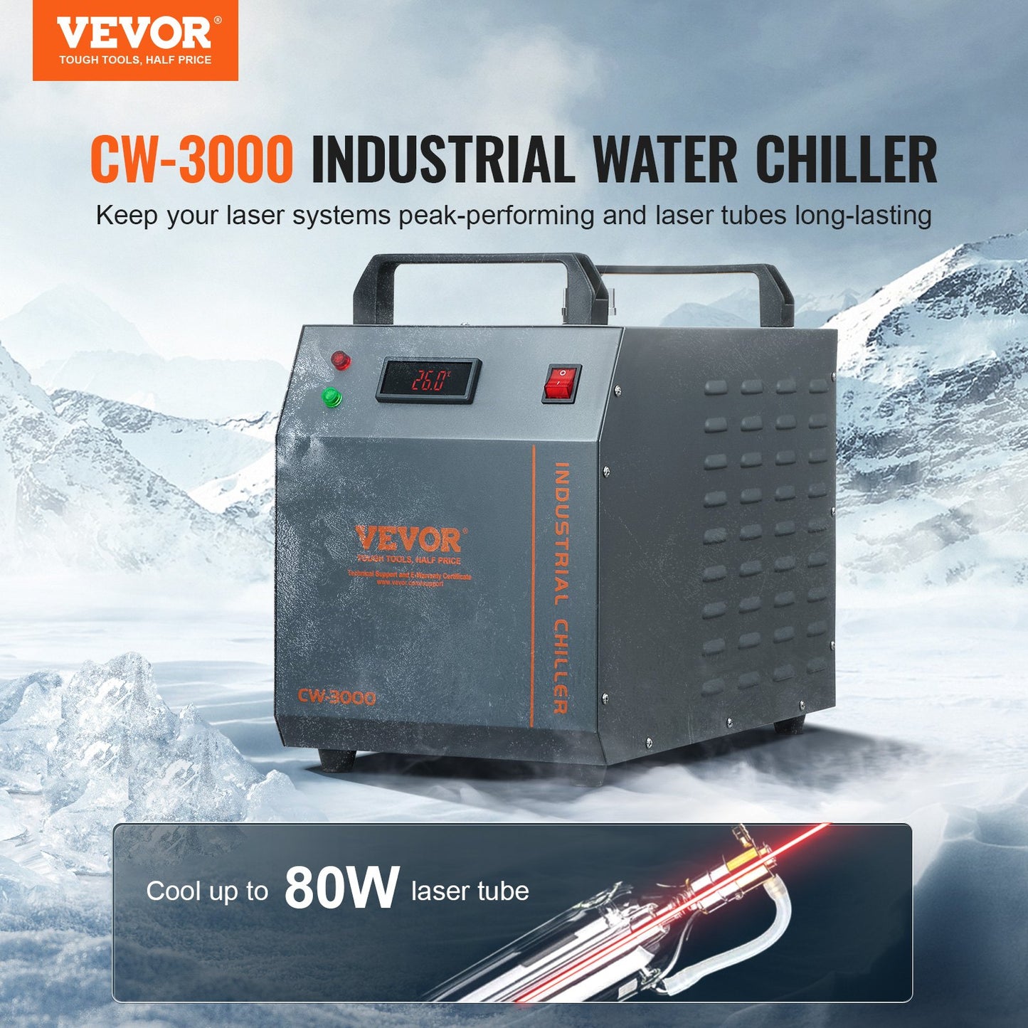 Industrial Water Chiller CW-3000 Luftkyld Industrial Water Chiller Kylsystem med 12L vattentankkapacitet, 12L/min Max. Flödeshastighet, för lasergraveringsmaskin Kylmaskin Laserrör