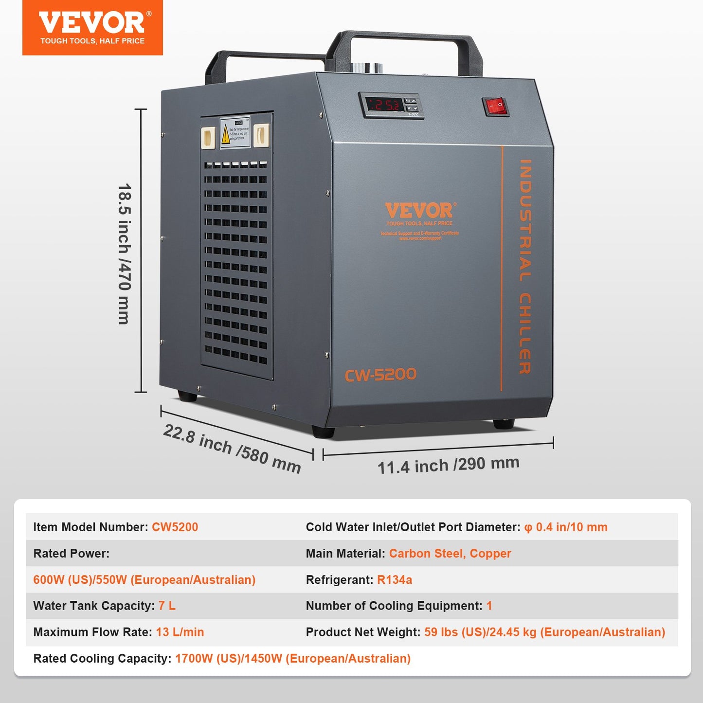 Industrial Water Chiller CW-5200 Water Chiller Kylsystem med inbyggd kompressor med 7L vattentankkapacitet, 13L/min Max flödeshastighet, för CO2-lasergraveringsmaskin kylmaskin