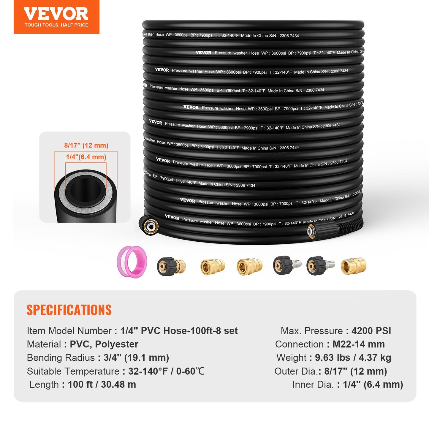 Högtryckstvättslang, 30,5 m, 6,35 mm böjfri M22-14 mm ersättning av mässingsgängor för de flesta märken högtryckstvättar, 19 mm böjningsradie, 4200 PSI Heavy Duty Power Washer-förlängningsslang.
