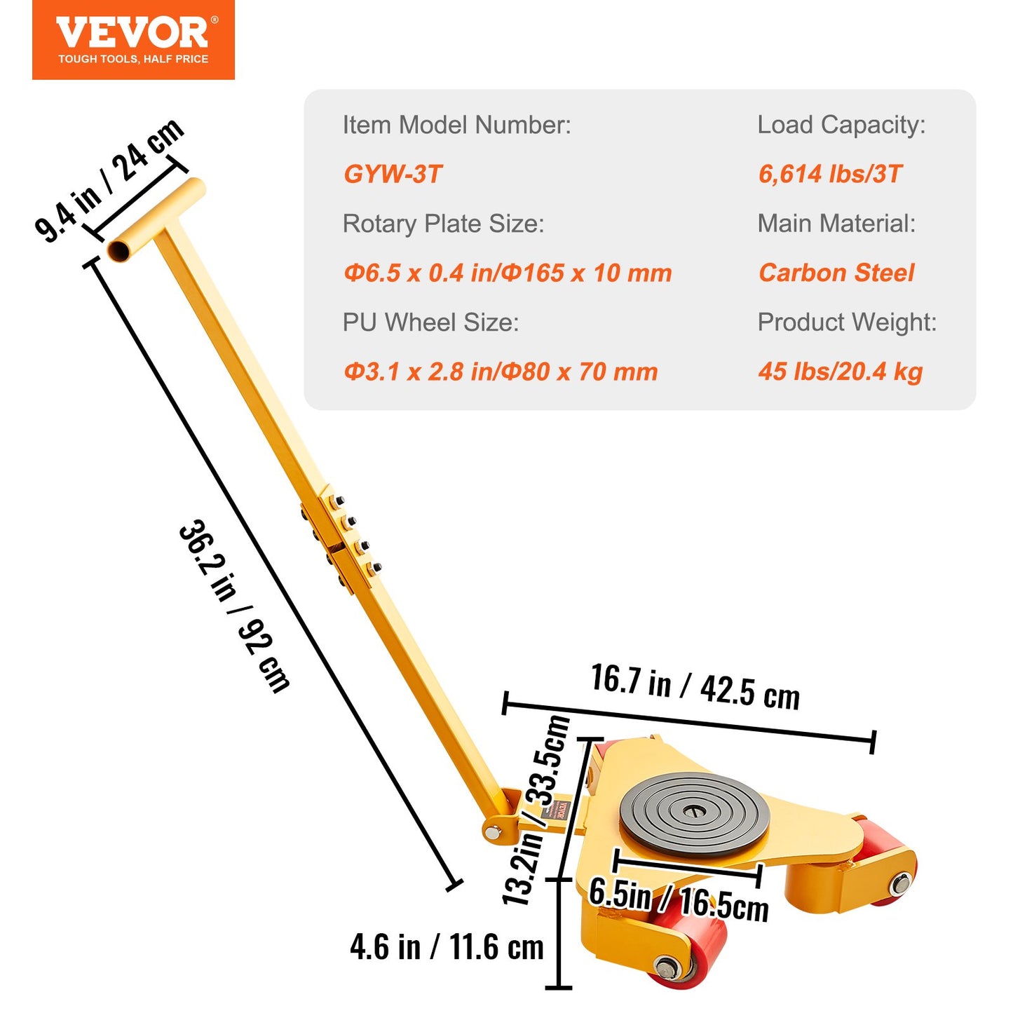 Machinery Skate Dolly, 6614 LBS/3T Industrial Machinery Mover med handtag, kolstålmaskiner Flyttskridsko med 3 360° svängbara PU-hjul, 360° roterande halkskydd för lager, verkstad