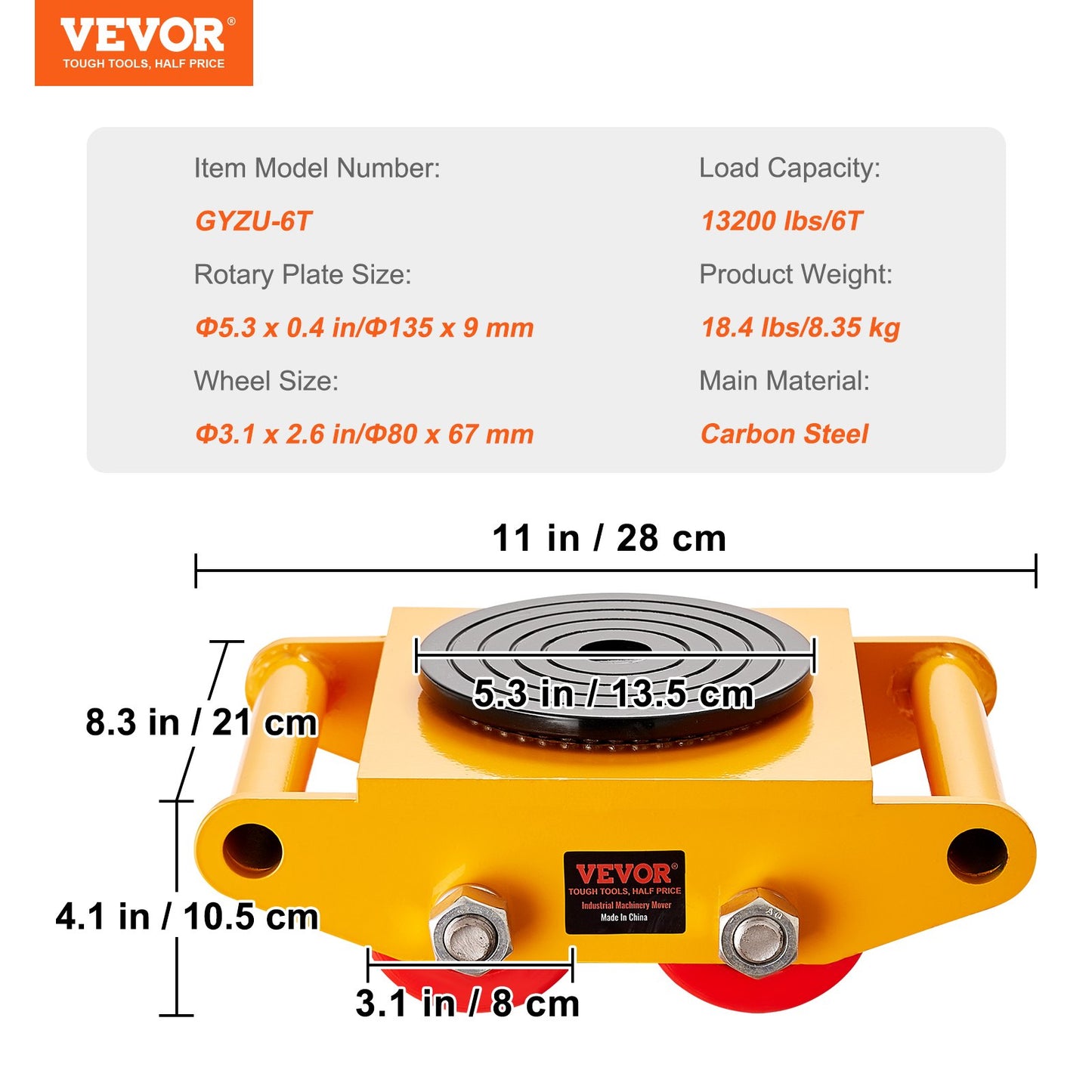 Machinery Skate Dolly, 13 200 LBS/6T Industrial Machinery Mover, Heavy Duty Carbon Steel Machinery Moving Skate med 4 PU-hjul och 360° roterande halkskydd för lager, verkstad, fabrik