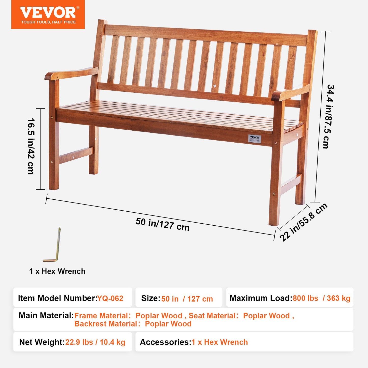 Utomhusbänk 50 i trä Trädgårdsbänk 800 lbs Park Patio Yard Veranda Bänk
