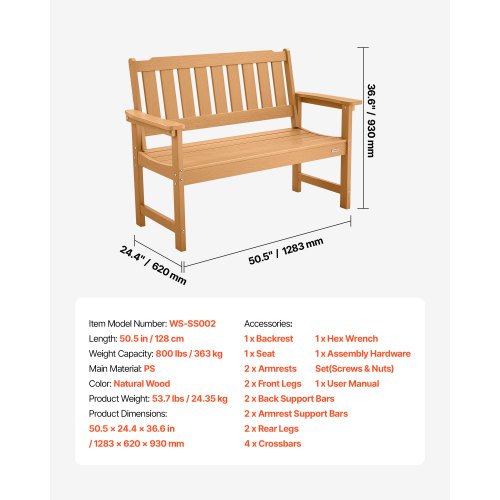 Outdoor Bench Terrace Bench 128 cm Weatherproof Plastic Natural Wood Color | EU