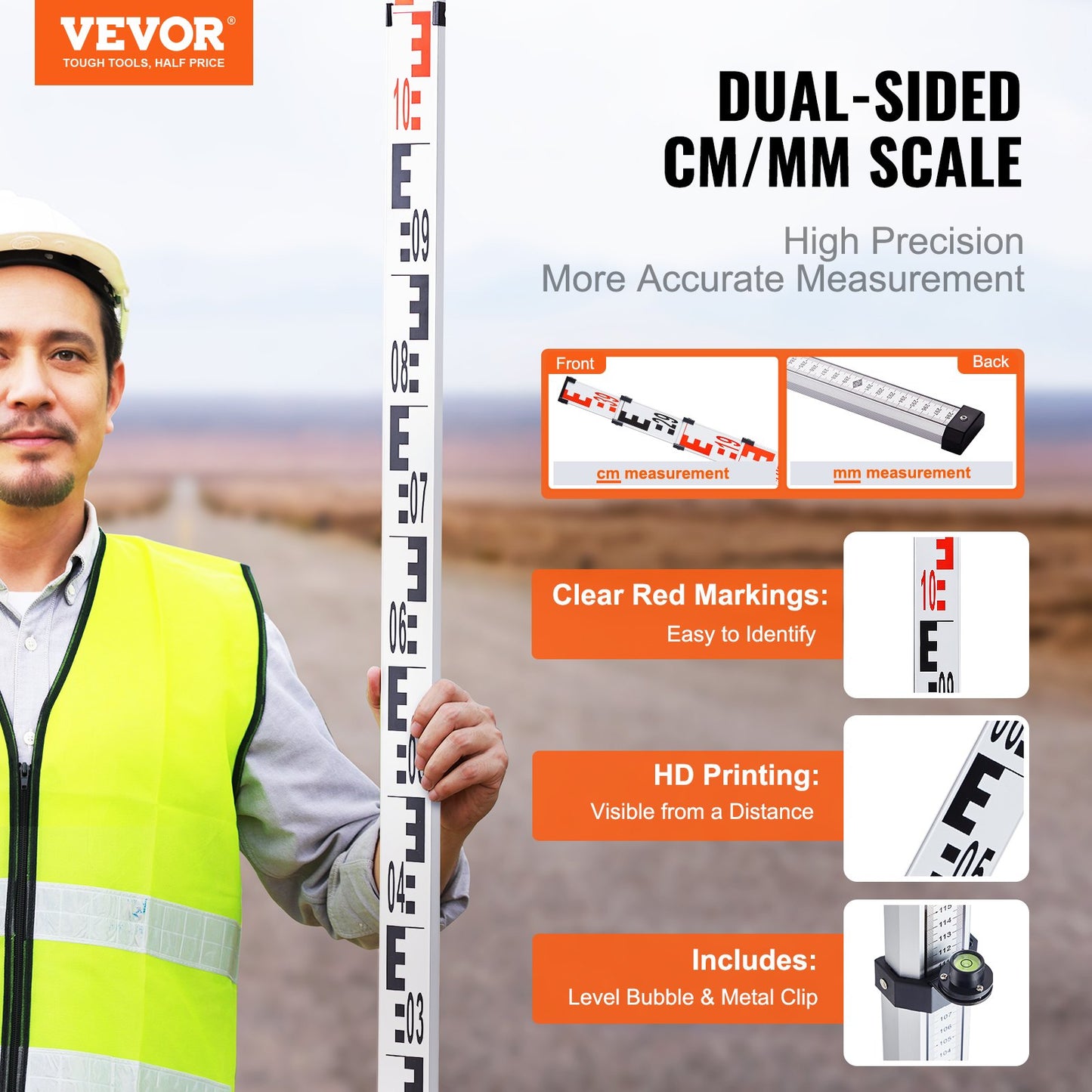 Mätstång 4M Metrisk Teleskopisk Grad Stång CM/MM med Bubble Level & Bag