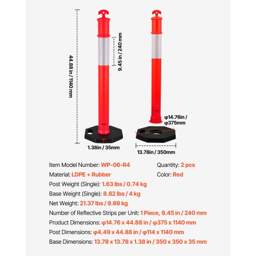 2-pack traffic barrier posts 1140 mm traffic safety cones with weighted base | EU