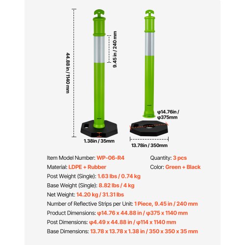 3-pack traffic barrier posts 1140 mm safety cones with weighted base green | EU