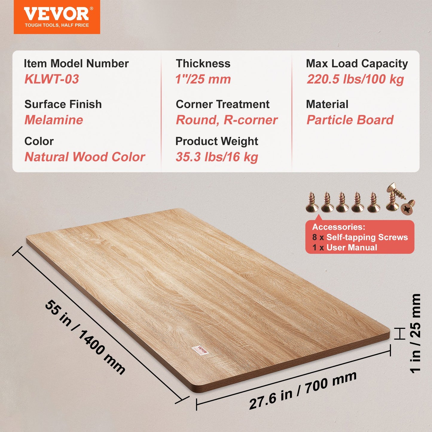 Table Top, 55" x 27.6" x 1", 220.5 lbs Load Capacity, Universal One-Piece Particle Board for Height Adjustable Electric Standing Desk Frame, Rectangular Countertop for Home and Office Table