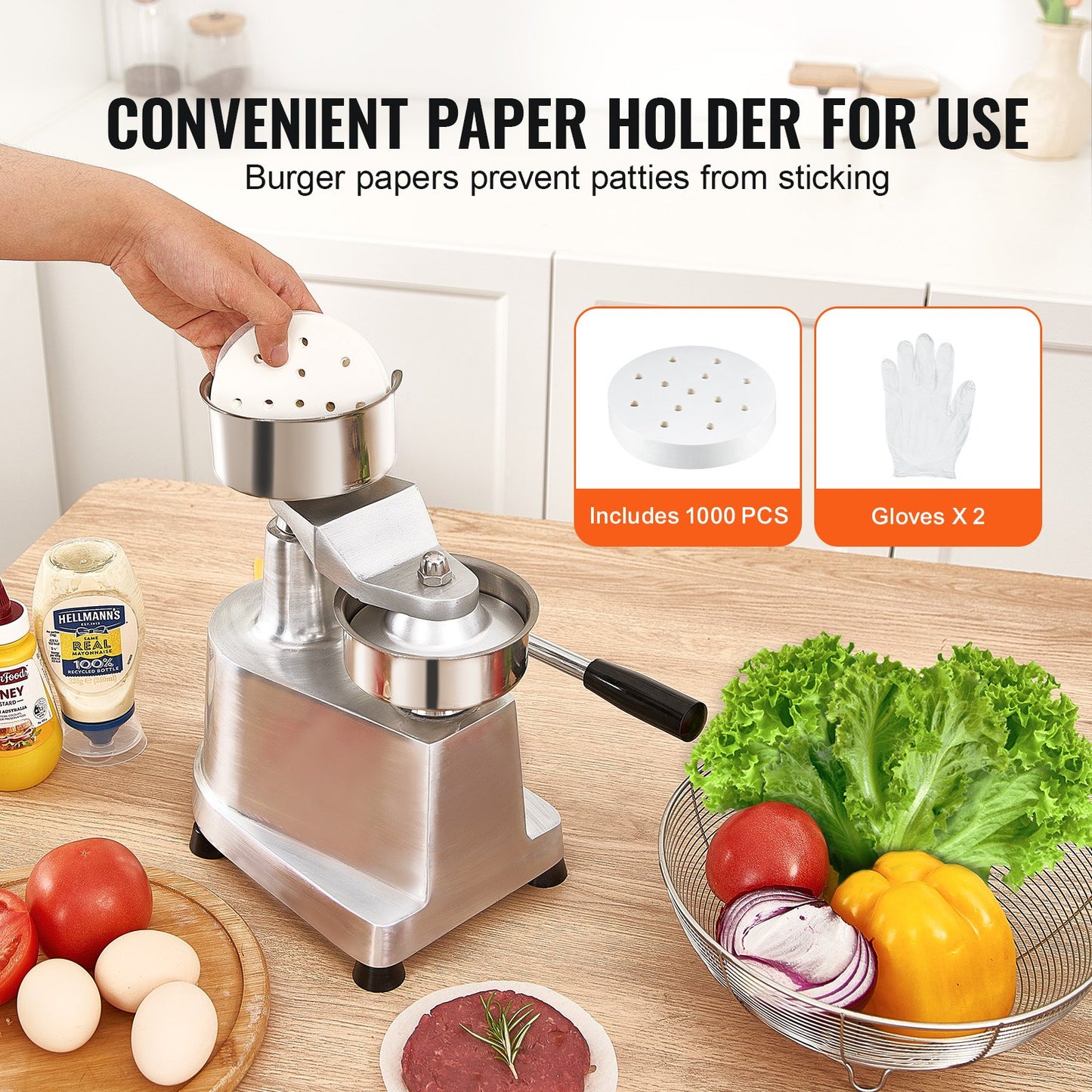 Commercial Hamburger Patty Maker, 100mm/4inch Hamburger Patty Maker, Heavy Duty Stainless Steel Food Bowl, Hamburger Press Machine, Kitchen Meat Forming Machine with 1000pcs Patty Papers