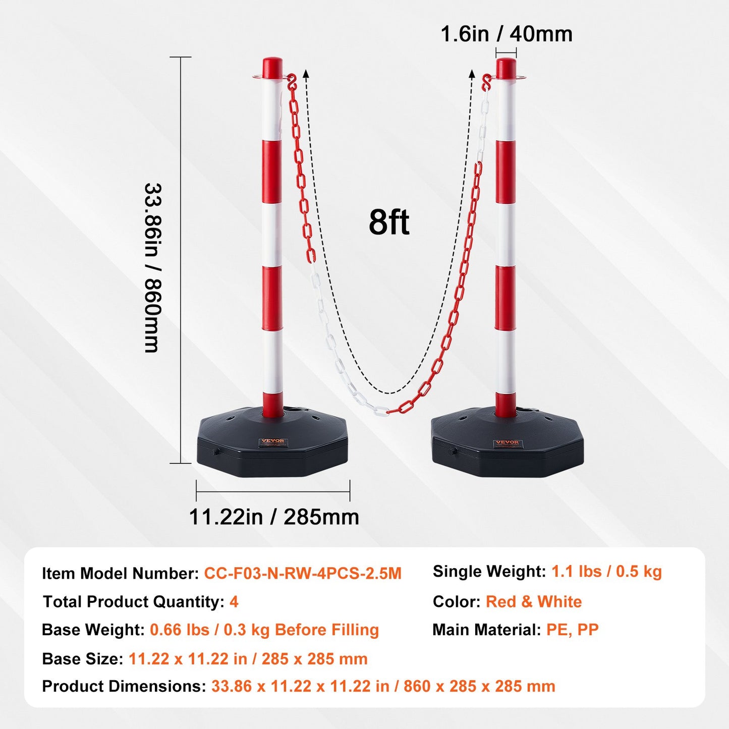 Adjustable Traffic Delineator Post Cones, 4 Pack, Traffic Safety Demarcation Barrier with Fillable Base 8FT Chain, for Traffic Control Warning Parking Lot Construction Warning Roads, Red and White