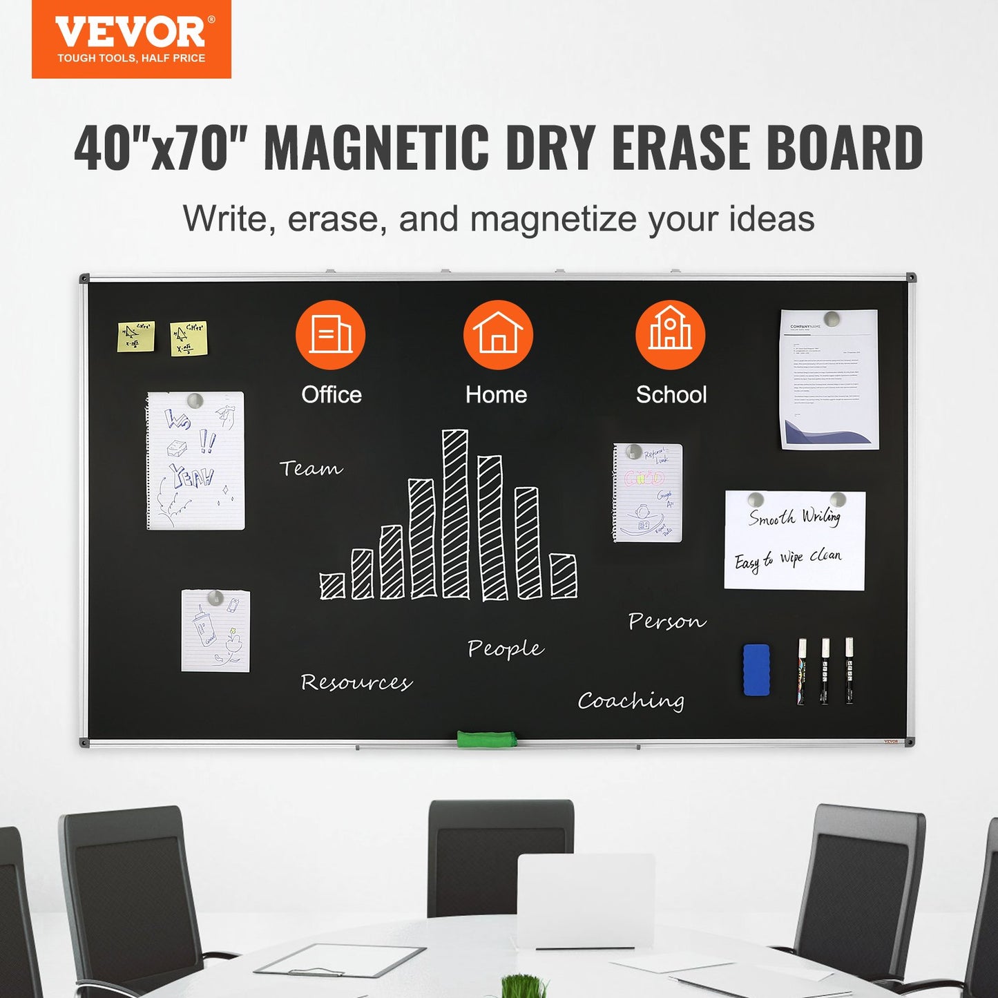 Black Board, 70 x 40 tum stor svarta tavla med aluminiumram, Black Boards Dry Erase Inkluderar 1 magnetisk radering och 3 torrraderingsmarkörer, svart yta, för kontorshem och skola
