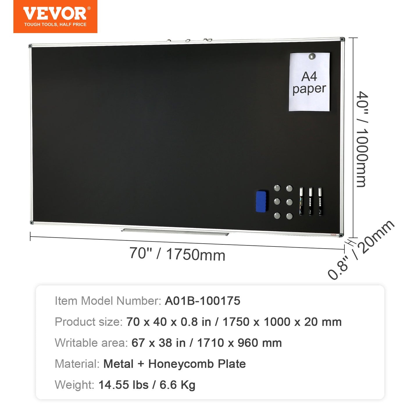 Black Board, 70 x 40 tum stor svarta tavla med aluminiumram, Black Boards Dry Erase Inkluderar 1 magnetisk radering och 3 torrraderingsmarkörer, svart yta, för kontorshem och skola