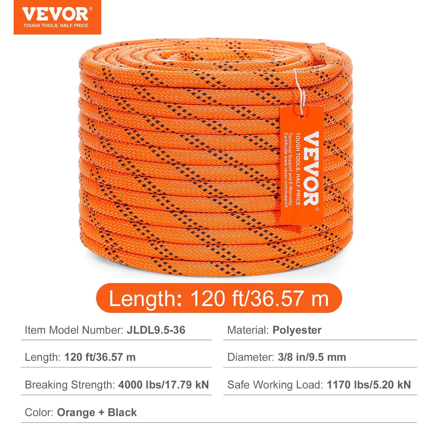 Arborist trädklättrrep dubbelflätad polyester 3/8" x 120' 48-strängar