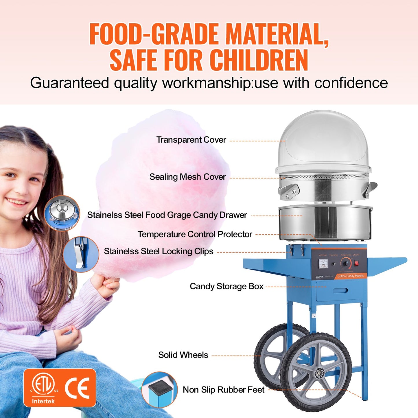 Electric Cotton Candy Maker with Cart, 1000W Commercial Candy Maker with Lid, Stainless Steel Bowl, Sugar Scoop and Box, Perfect for Home, Kids Birthday, Family Party, Blue
