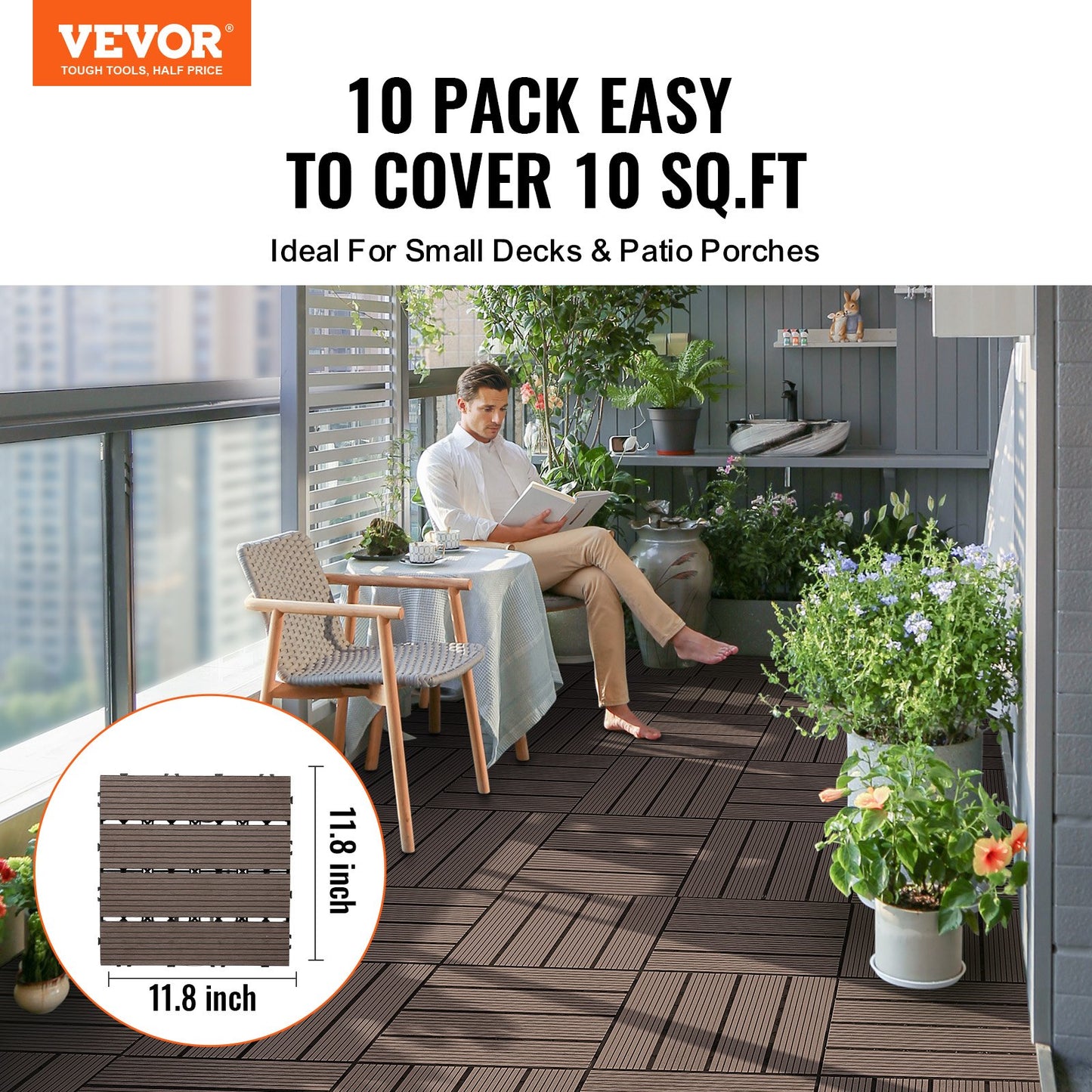 Interlocking Deck Plates Plast Wood 10 Pack 12"x12" Vattentät för veranda
