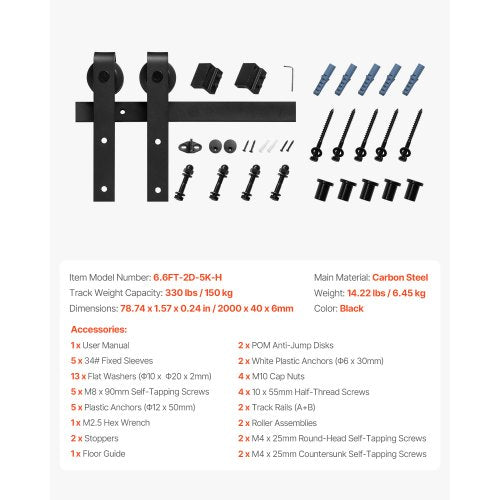 6.6FT Schiebetür-Kit für Einzelschiebetür Schwarz | EU