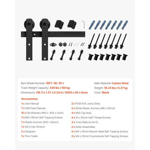 10FT Sliding Door Track Kit for Single Sliding I-Shaped Barn Door