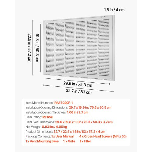 returluftfiltergaller passar kanalöppning B30 x H20 tum med filter | EU